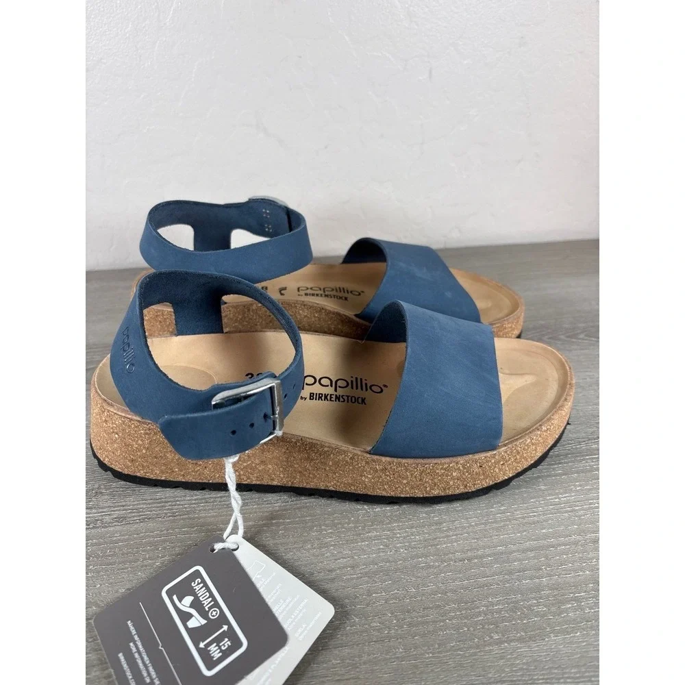 Papillio by Birkenstock Glenda Blue Nubuck Leather Platform Wedge Sandals 38 L7